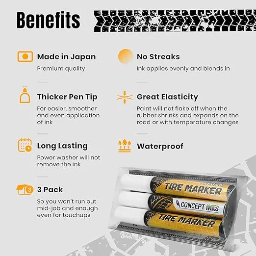 Premium Tire Marker Pens, White Waterproof Paint Markers For Car Tire Lettering, Made In Japan (3 Pack-White)