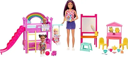 Barbie Skipper First Jobs Daycare Playset, 3 Dolls, Furniture & 15+ Accessories, Includes Bunkbeds & Color-Change Easel