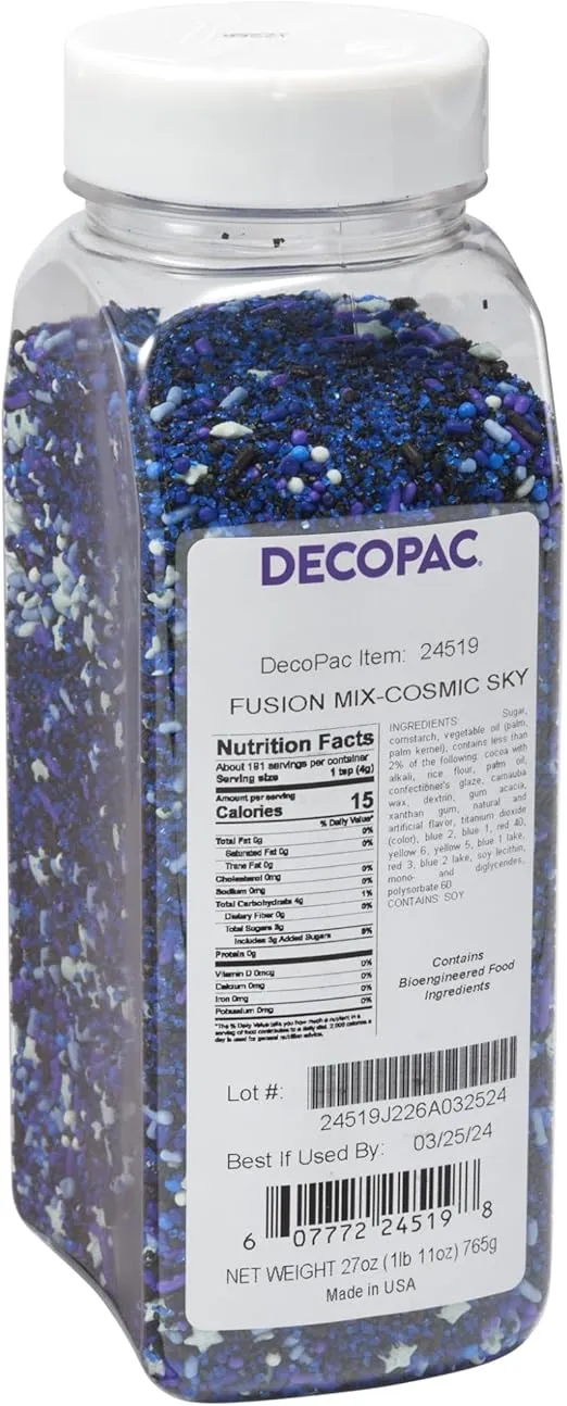 DecoPac Cosmic Skies Fusion Mix Sprinkles, 26oz, Blue, White Shaped Candy Sprinkles in Handheld Container, Edible Decorations For Celebration Cakes, Cupcakes, Cookies and Donuts