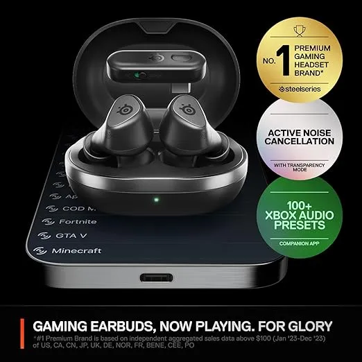 Arctis GameBuds for Xbox/PC/PS5/Switch/Mobile — Quick-Switch 2.4GHz + Bluetooth 5.3 — Active Noise Cancelling — Mobile App w/Sound Presets — Water Resistant IP55 — 40H Battery with Qi Charging Case