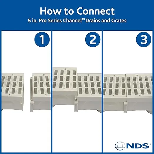 NDS Pro Series Channel Drain Kit, 5-1/2 in. X 39-3/8 in. Deep Profile Channel, Galv. Steel Grates, End Caps/Outlet, 5 in.