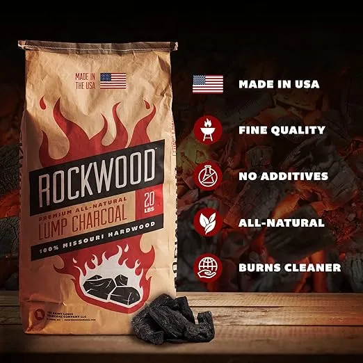 Rockwood Natural Hardwood Lump Charcoal - Oak, Hickory, and Cherry Mix for Charcoal for Grilling & Smoker - BBQ Charcoal - No Fillers - Made in USA - 20 lbs (2 Packs)