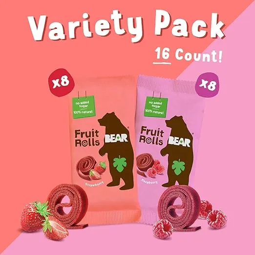 BEAR Real Fruit Snack Rolls, Strawberry & Raspberry Variety Pack – 16 Count – Gluten Free, Vegan, and Non-GMO – Healthy School And Lunch Snacks For Kids and Adults