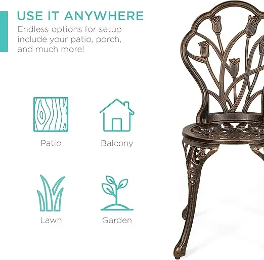 Best Choice Products 3-Piece Outdoor Rust-Resistant Cast Aluminum Patio Bistro Set w/Tulip Design, Antique Finish - Copper