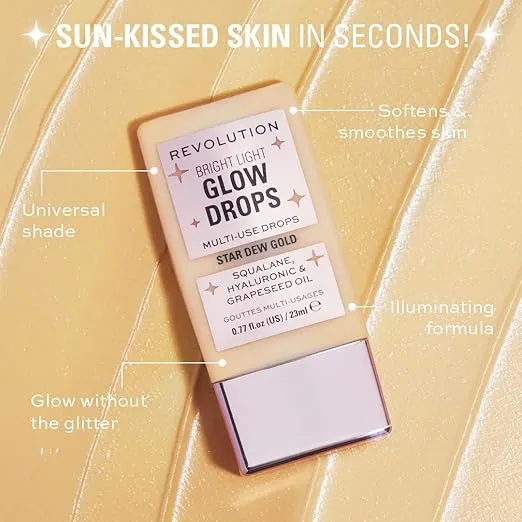 Revolution, Bright Light Glow Highlighter Drops, Illuminating Finish, Golden Star Dew, 0.77 Fl. Oz.