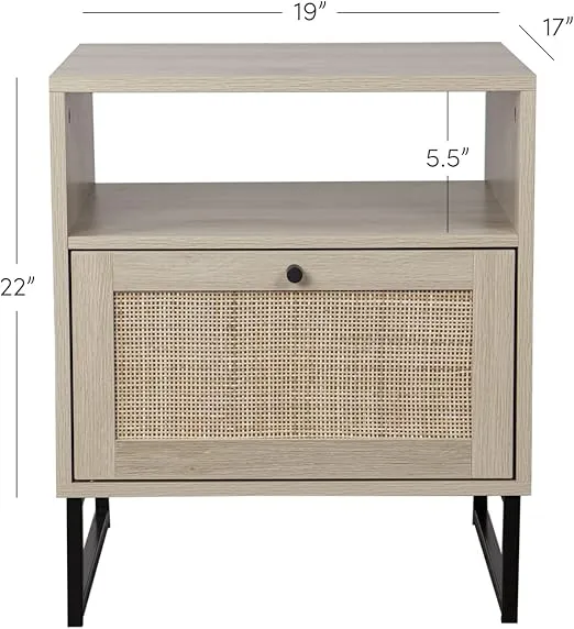 Nathan James Mina Rattan Wood End Side Accent Table Nightstand with Storage for Living Room or Bedroom, 1, Oak/Black