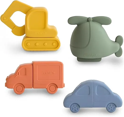 mushie Vehicles Bath Toys Play Set for Toddlers | 100% Food Grade Silicone | Mold Free, Pack of 4