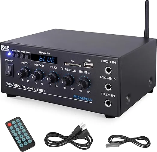 Pyle PCM20A - Compact Mini Home Power Amplifier - 40W Smart Small Audio Stereo Receiver w/ AUX 2 Microphone IN COM/8-Ohm/25V/70V Speakers LED Input Selector For PA Amplified Speaker Sound System