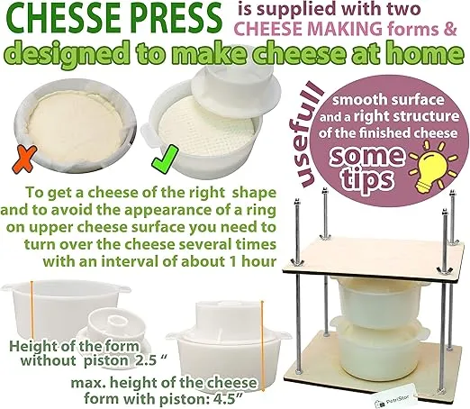 PetriStor Wooden Cheese Press for Cheese Making Supplies 12in Metal Guides 13in and 2 Cheese Mold with Follower Piston 1.3Qt - large Home Supply Ultimate Cheese Press Machine - Prensa Para Queso