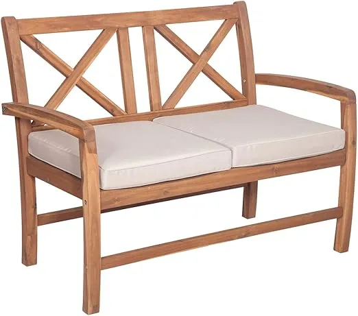 Walker Edison Delray Classic Acacia Wood X Back Patio Loveseat with Cushions, 40 Inch, Brown