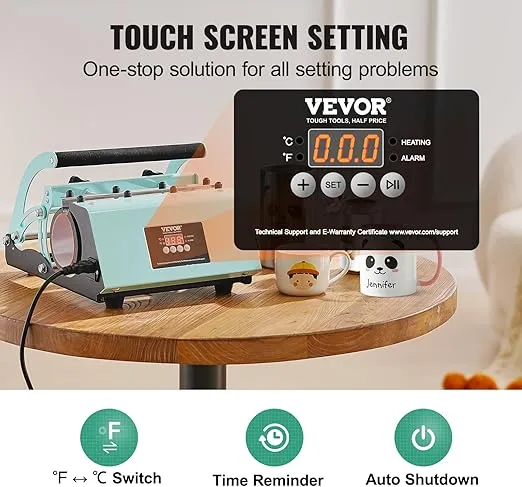 VEVOR Tumbler Heat Press Machine, 11-30oz Mug Press, Heat Up Fast and Even, Tumbler Press with Sublimation Paper, Tape and Gloves, Temp and Time Setting, for Sublimation Tumblers, Cups, Mugs, Green