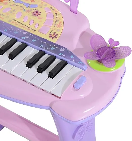 Qaba 32-Key Princess Electronic Toy Piano for Kids, Educational Keyboard Piano with Stool, MP3, Record, Flashing Lights, Microphone for 3-6 Years, Pink