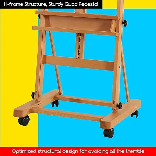 MEEDEN Studio Easel for Painting: Large H Frame Beech Wood Easel Adjustable 75" to 146" H, Hold Canvas up to 93" with 4 Wheels & Storage Tray - Professional Heavy Duty Art Easel for Adults