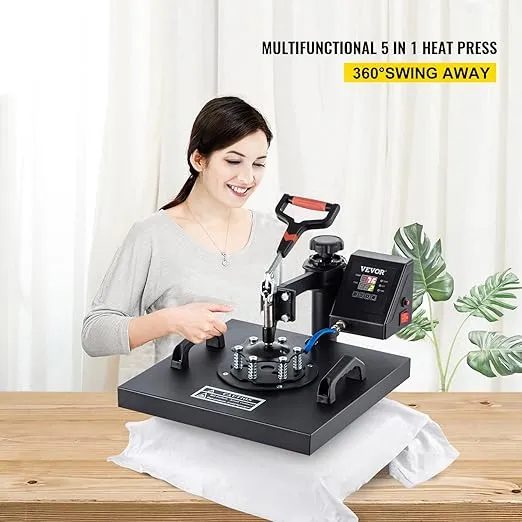 VEVOR Heat Press, 5 in 1 15 x 15 Inch Heat Press Machine, Dual LED Display Heat Press Machine, Multifunctional Sublimation, for T-Shirts, Swing Away Design