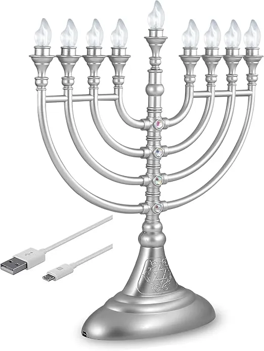 Traditional Hanukkah LED Electric Menorah Powered by Battery or USB Chanukiah - 4' Micro USB Cable Included Electronic Chanukah Candles Minorah Lighted Hanukah Decorations (Matte Silver)