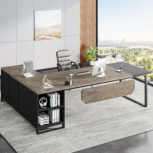 Tribesigns 70.8-Inch Executive Desk with 55-Inch File Cabinet, Large L Shaped Computer Desk with Storage Cabinet and Shelves, Industrial L-Shaped Desk for Home Office, Retro Gray & Black