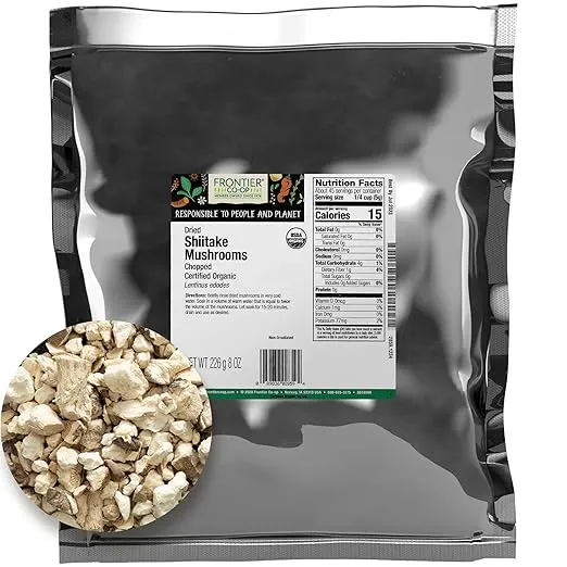 Frontier Co-op Mushrooms, Shiitake, Chopped, Certified Organic | 1/2 lb. Bulk Bag | Lentinus edodes