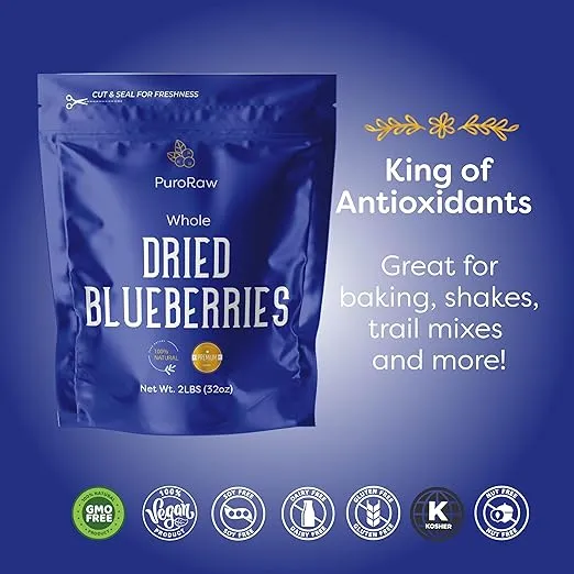 Dried Blueberries No Sugar Added, 2 lbs. Blue Berries Fruit, Dehydrated Blueberries Fresh Dried Blueberries Bulk, Blueberry Raisins. All Natural, Non-GMO, Batch Tested, 2 pounds, By PuroRaw.