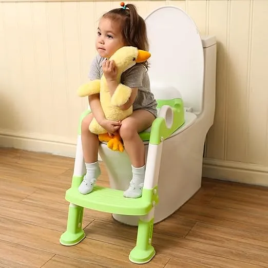 Potty Training Toilet Seat with Step Stool Ladder for Boys and Girls,Toddler Kid Children Toilet Training Seat Chair with Handles,Height Adjustable,Non-Slip Wide Step(Green)