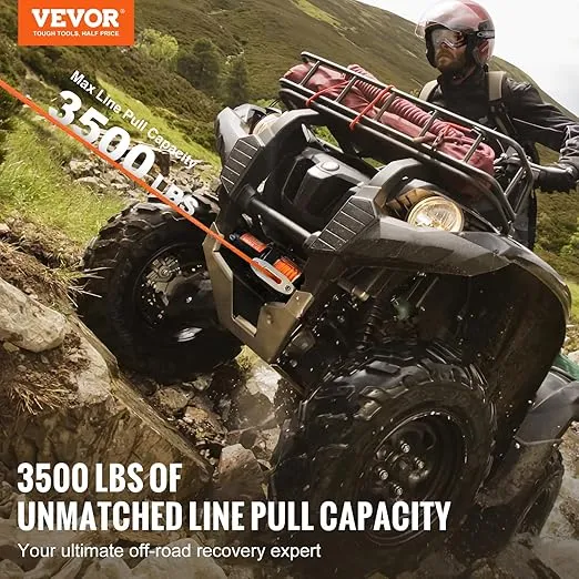 VEVOR 3500 Electric 3500 lb Line Pull Capacity, 12V DC Winch with Φ3/16 in x 39 ft 12 Strands Synthetic Rope Aluminum Fairlead Wired Remote Control, IP55 Waterproof for Towing UTV ATV Boat, Black