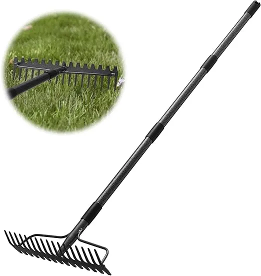 63 inch Bow Rake,17 Steel Tines Portable and Adjustable Heavy Duty Garden Rake with Stainless Steel Handle Metal Head Rake Tool for Gardening Leaves Loosening Soil Leveling Lawn Farming Land