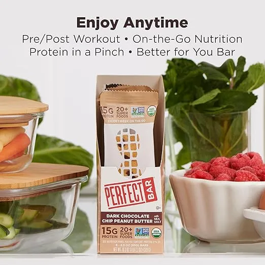 Perfect Bar, Dark Chocolate Chip Peanut Butter Protein Bar, High Protein, Organic, Gluten Free, Soy Free, Non GMO, No Sugar Alcohols, 2.3 Ounce Bar, 10 Count
