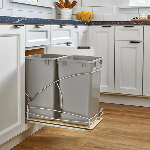 Rev-A-Shelf Steel Bottom Mount Double 27 Quart 6.75 Gallon Waste Bin Trash Container for Under Kitchen Cabinet with Soft Close, Gray, 54WC-1527SC-17-1