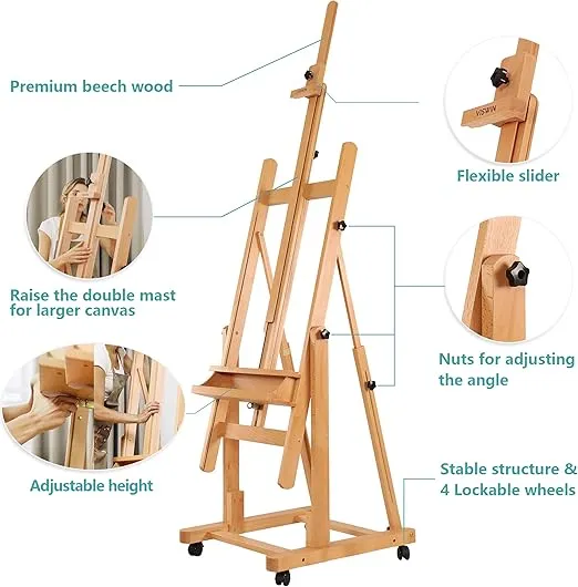 VISWIN Heavy-Duty Extra Large H Frame Easel, Hold Canvas to 82", Tilts Flat, Professional Solid Beech Wood Studio Artist Easel with Storage, Wheels, Adjustable Art Easel Stand for Painting Adult - N