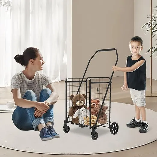 Folding Shopping Cart with Open Door, Lightweight Grocery Cart on Wheels, 360° Swivel Wheels Utility Cart with Pocket Bag, Portable Shopping Cart for Groceries, Laundry, Luggage, Holds 100 LBS