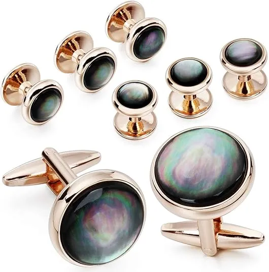 Cufflinks and tuxedo studs Set for Men with Gift Box, Rose Gold Tone Mother-of-Pearl Cuff links for French Cuff Shirt and Dress Shirt, Suitable for Wedding, Birthday, Party, Anniversary