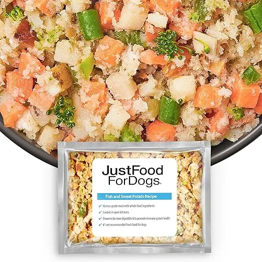 JustFoodForDogs Frozen Fresh Dog Food, Complete Meal or Dog Food Topper, Fish & Sweet Potato Human Grade Dog Food Recipe, 72 oz (Pack of 7)