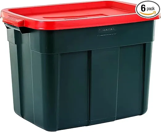 Rubbermaid Roughneck Tote 18 Gal, 6 Pack, Made in USA, Green & Red, Rugged Plastic Stackable Storage Bins with Lids and Handles