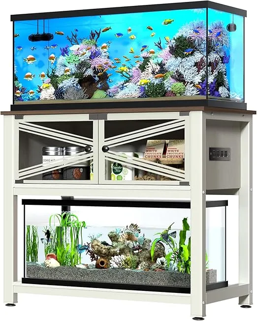 40-50 Gallon Aquarium Stand with Heavy Duty Metal Frame, Fish Tank Stand with Power Outlets, Two Glasses Door Storage Cabinet, Suitable for Turtle Tank, Reptile Tank, White+Brown