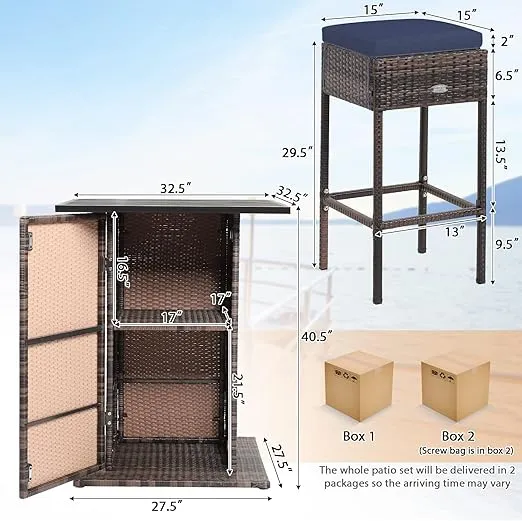 HAPPYGRILL 5 Piece Rattan Bar Set Outdoor Wicker Bar Table and 4 Bar Stools with Heavy-Duty Steel Frame, Patio Bar Height Furniture Set with 4 Seat Cushions Included