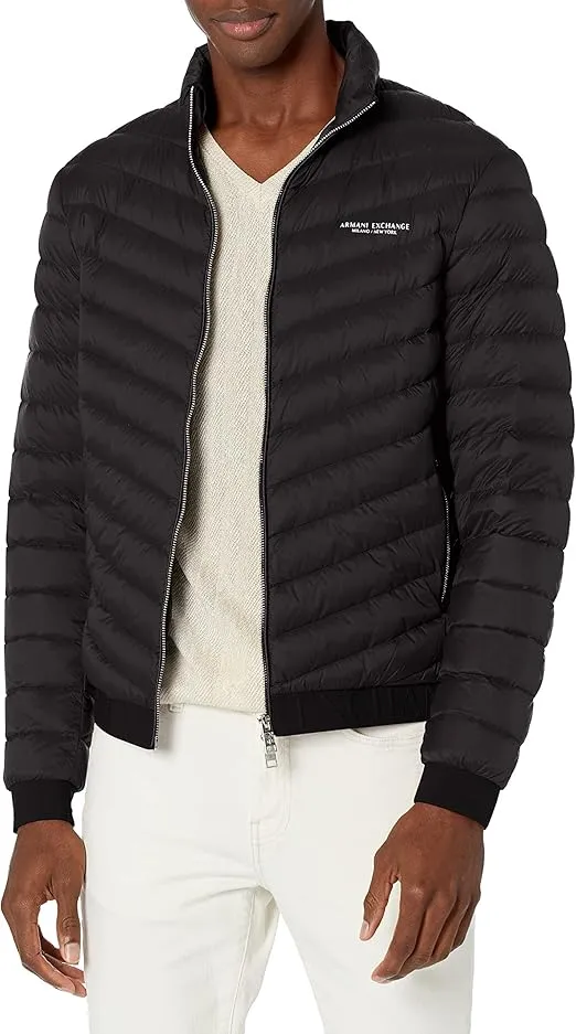 Armani Exchange Men's Quilted Down Milano/New York Logo Zip-up Jacket