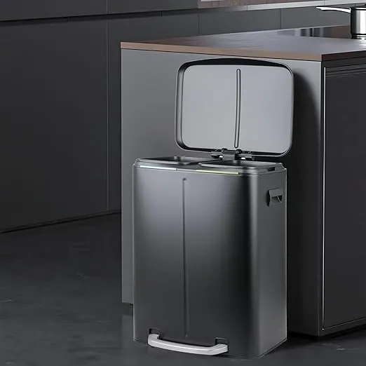 MoNiBloom 2-Compartment Step Trash Can with Soft-Close Lid for Kitchen Bathroom Bedroom Living Room Home Office Dorm Fingerprint-Proof Foot Pedal Garbage Bin Removable Inner Bucket Black 40-Liter