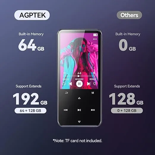 AGPTEK 64GB MP3 Player with Bluetooth, M3 2.4 inch Music Player with Speaker and FM Radio, Touch Buttons, Supports Up to 128GB