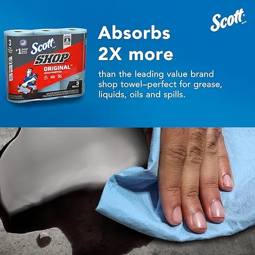 Scott Shop Towels Original (75143), Original Blue Shop Towels, 9.4"x11" sheets, 10 Packs of 3 Rolls (55 Towels/Roll, 30 Rolls/Case, 1,650 Towels/Case)