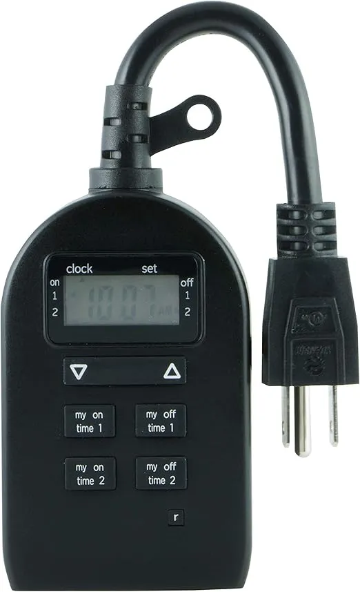 myTouchSmart Outlet Timer, Single Plug-in Digital Timer Outlet, Simple Programmable Outlet Timer, Weather Resistant, Indoor/Outdoor Small Pump Timer, Seasonal Light Timer, Black, 2 Pack, 46226