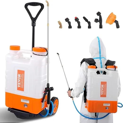 VEVOR 4 Gallon Battery Powered Backpack Sprayer with Wheeled Cart, Adjustable 0-94 PSI, 13FT Hose, 6 Nozzles, 2 Wands Included, Wide Mouth Lid for Weeding, Cleaning, Long Spray Time, White+Orange