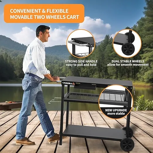 Outdoor Grill Cart Three-Shelf Pizza Oven Stand Table with Wheels Dining Cart Table for Outside Patio, Movable Kitchen Cooking Prep Table 34" x 21" BBQ Cart for Home Party Camping, Black