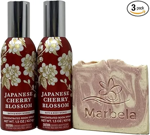 Bath and Body Works 2 Pack Japanese Cherry Blossom Concentrated Room Spray with a Marbela Sample Soap