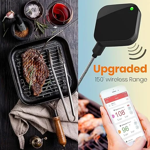 NutriChef Smart Bluetooth BBQ Thermometer - Upgraded Stainless Probe Safe to Leave in Grill Outdoor Barbecue Meat Smoker w/Changeable Probe, Wireless Remote Alert Android iPhone WiFi App - PWIRBBQ420