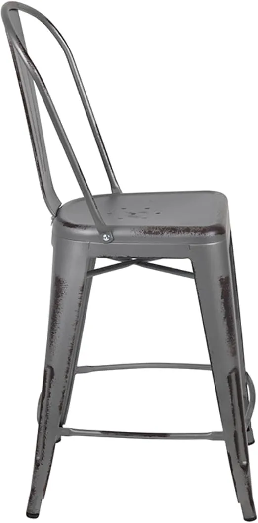 Flash Furniture Carly Commercial Grade 24" High Distressed Silver Gray Metal Indoor-Outdoor Counter Height Stool with Back