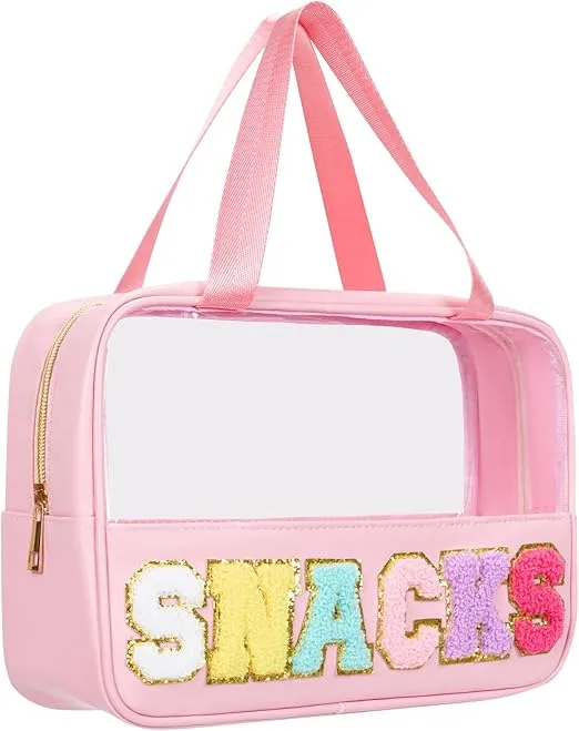Snack Bag Clear Chenille Varsity Letter Zipper Pouch for Travel Preppy Cosmetic Bag Clear Cosmetic Bag Makeup Travel Bag for Women