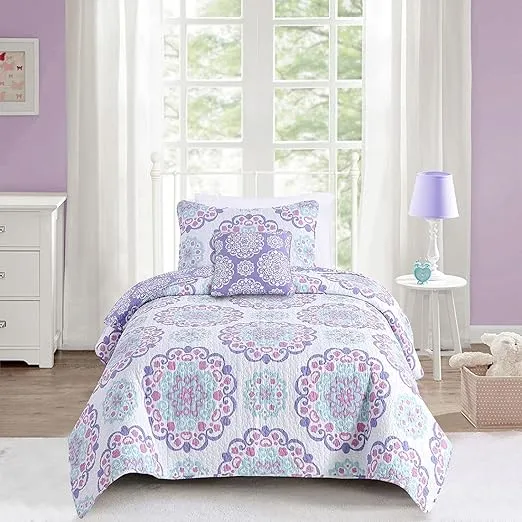 Mytex, Vivian 4-Piece Quilt Set Featuring Medallion Pattern, Bohemian Style, Cotton, Reversible Bedding, Teen, Girls, Purple, Aqua, and Pink, Twin
