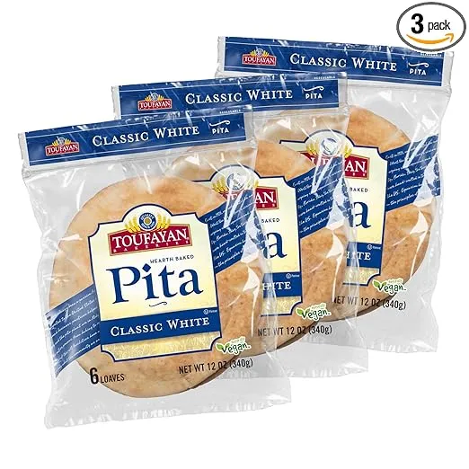 Toufayan Classic White Pita Bread | Naturally Vegan, Cholesterol Free (3 Pack, 18 Pitas Total)