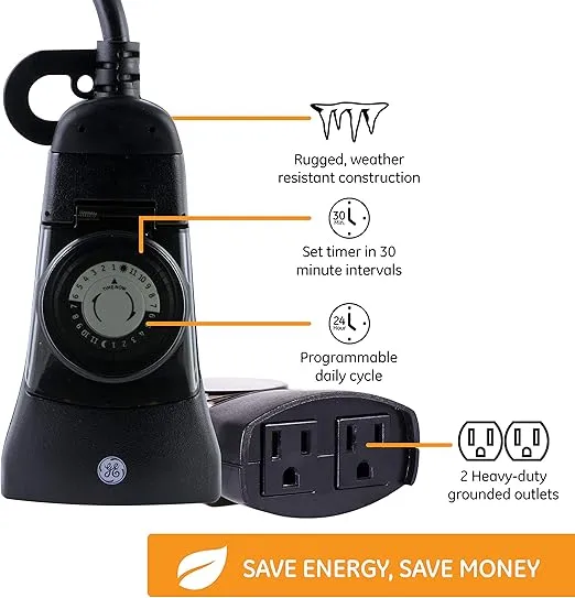GE 15138 24-Hour Heavy-Duty Mechanical 2 Grounded Outlet, Programmable Daily Cycle, 30-Minute Interval, Weather Resistant, Outdoor Light Timer, 1 Pack, Black