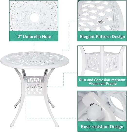 VIVIJASON 31" Patio Bistro Table Outdoor Dining Round Table White Cast Aluminum Table with Umbrella Hole