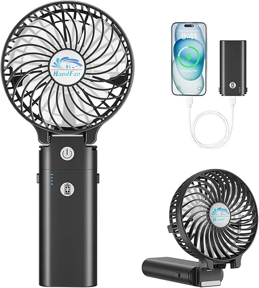 HandFan 5200mAh Portable Handheld Fan, Personal Hand Held Makeup Fan, Foldable Small Desk Fan, Rechargeable Fan Detachable Handle Design, Cooling Fan for Travel, Outdoors, Indoors-Black&Transparent